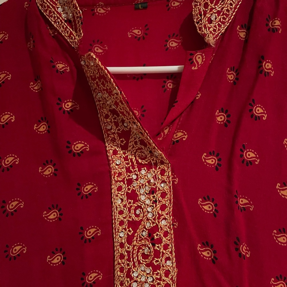 Beautiful gold thread embroidered bright red color long  linen tunic